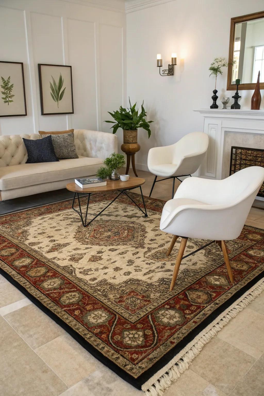 A modern rug over a traditional carpet is an unexpected style statement.