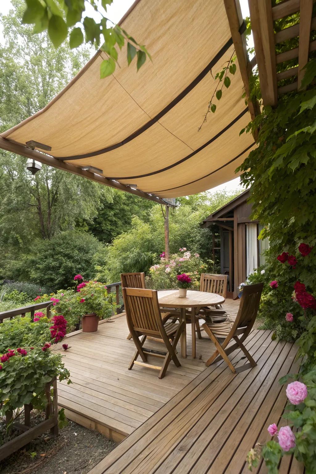 Canvas awnings provide softness and adjustability.