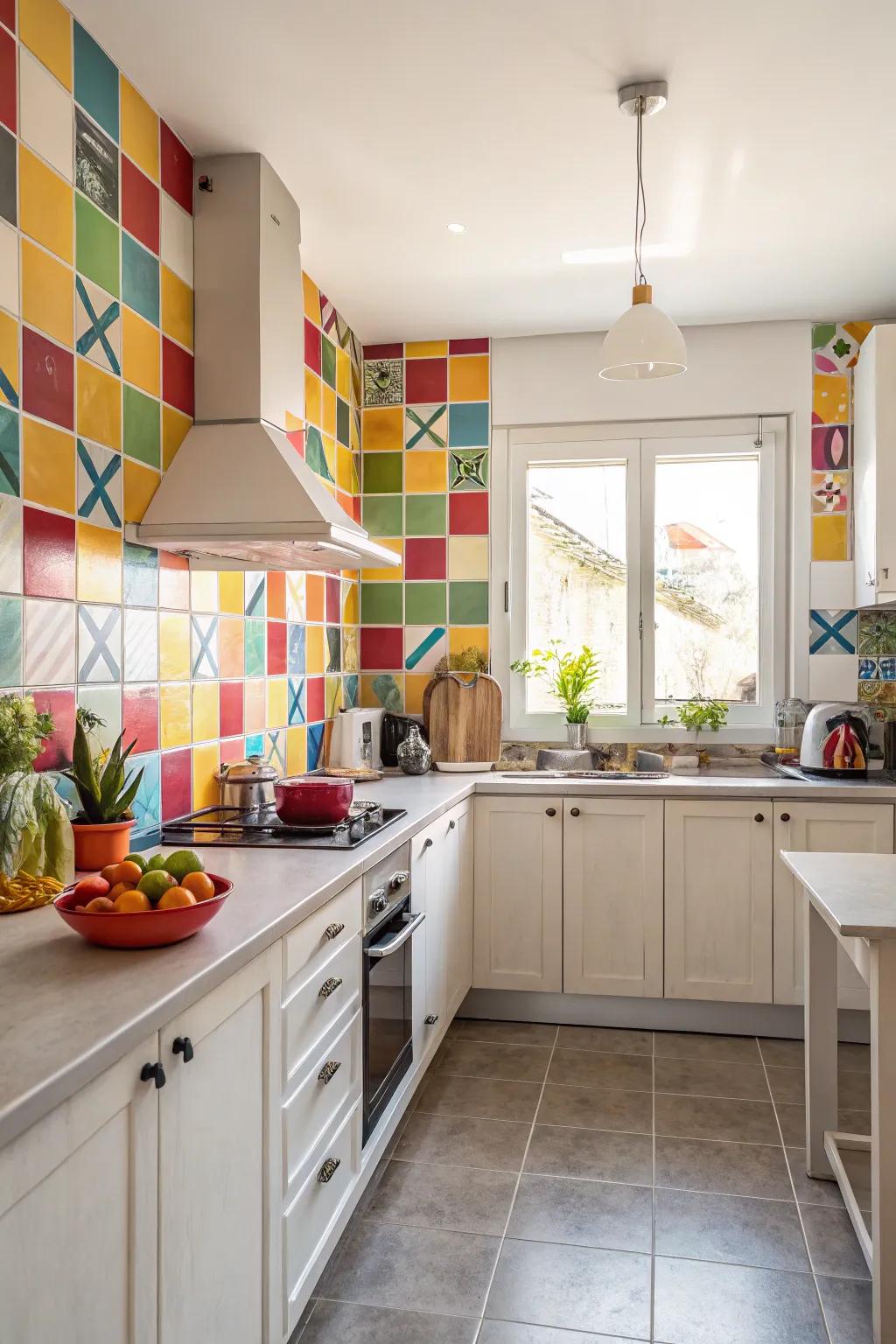 A vibrant backsplash becomes the center point of the kitchen.