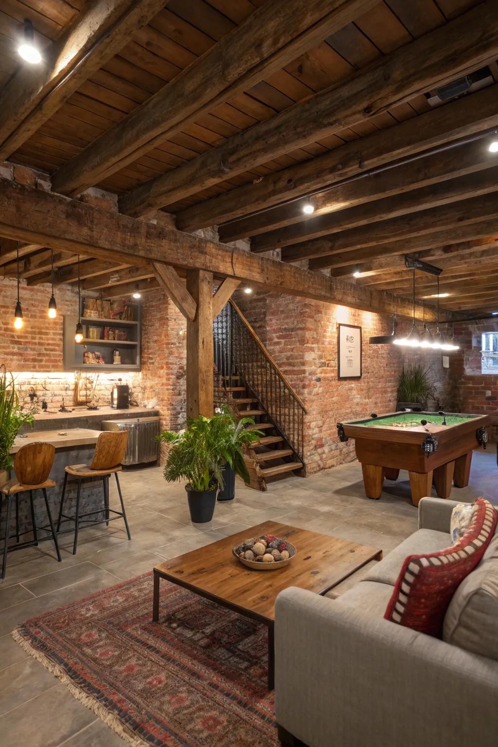 Open spaces make a rustic basement feel expansive and versatile.
