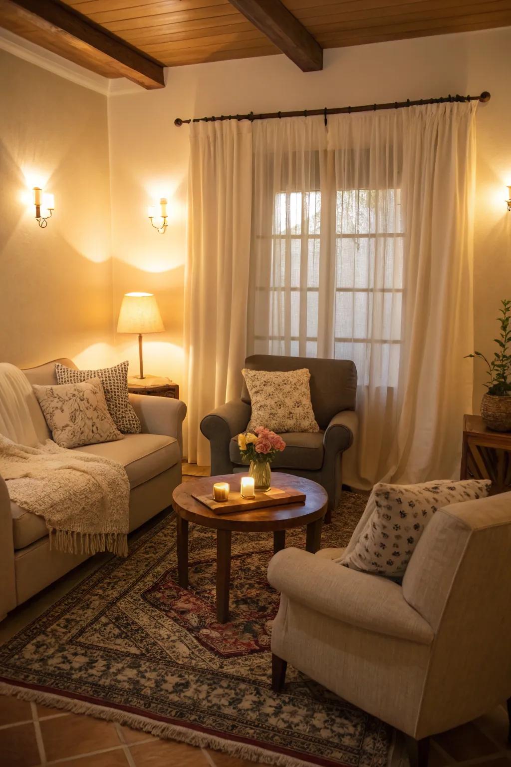 Soft lighting and comfortable seating make for a cozy space.