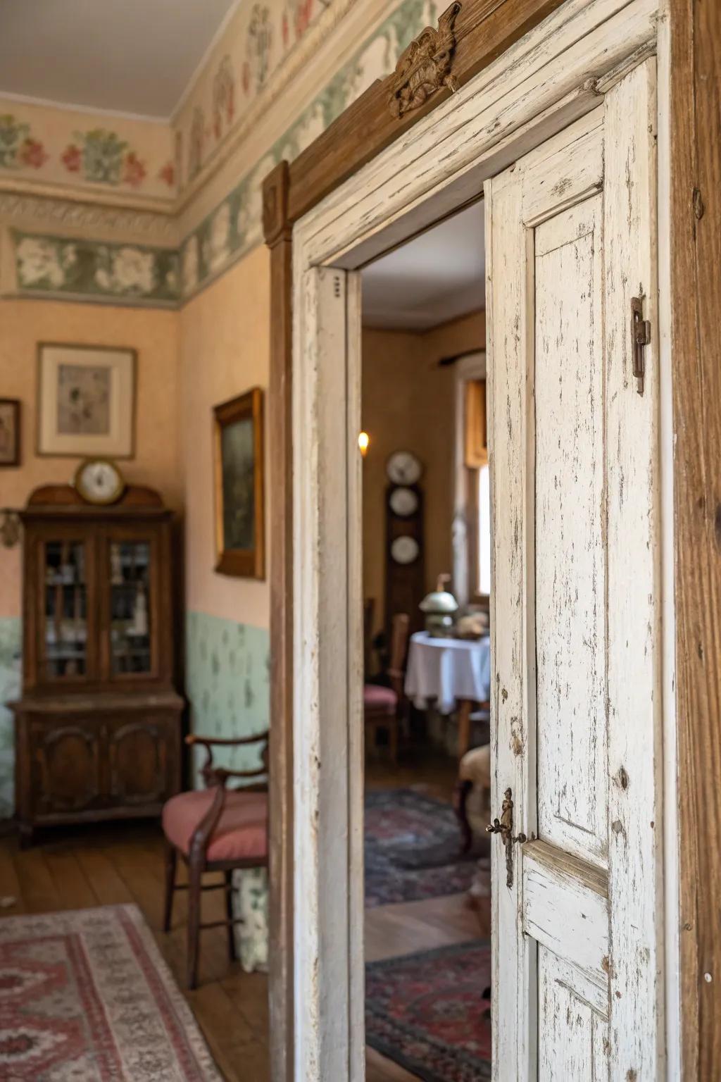 A textured door frame with a vintage, weathered look that adds character.