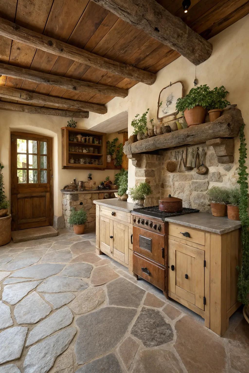 Slate slab covering enhances organic beauty in the kitchen.