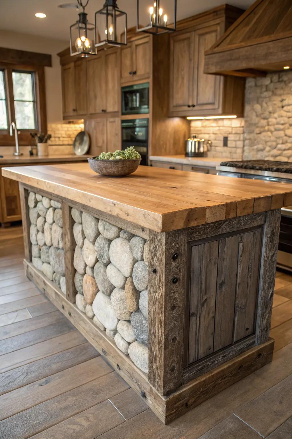 A farmhouse kitchen island featuring textured timber and rock surfaces.