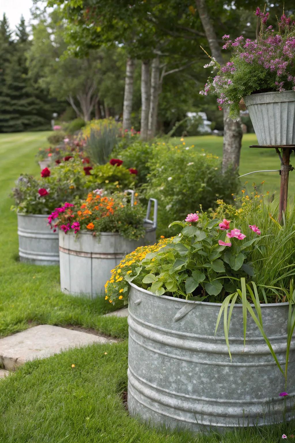 Coated metal containers repurposed as countryside flower holders.