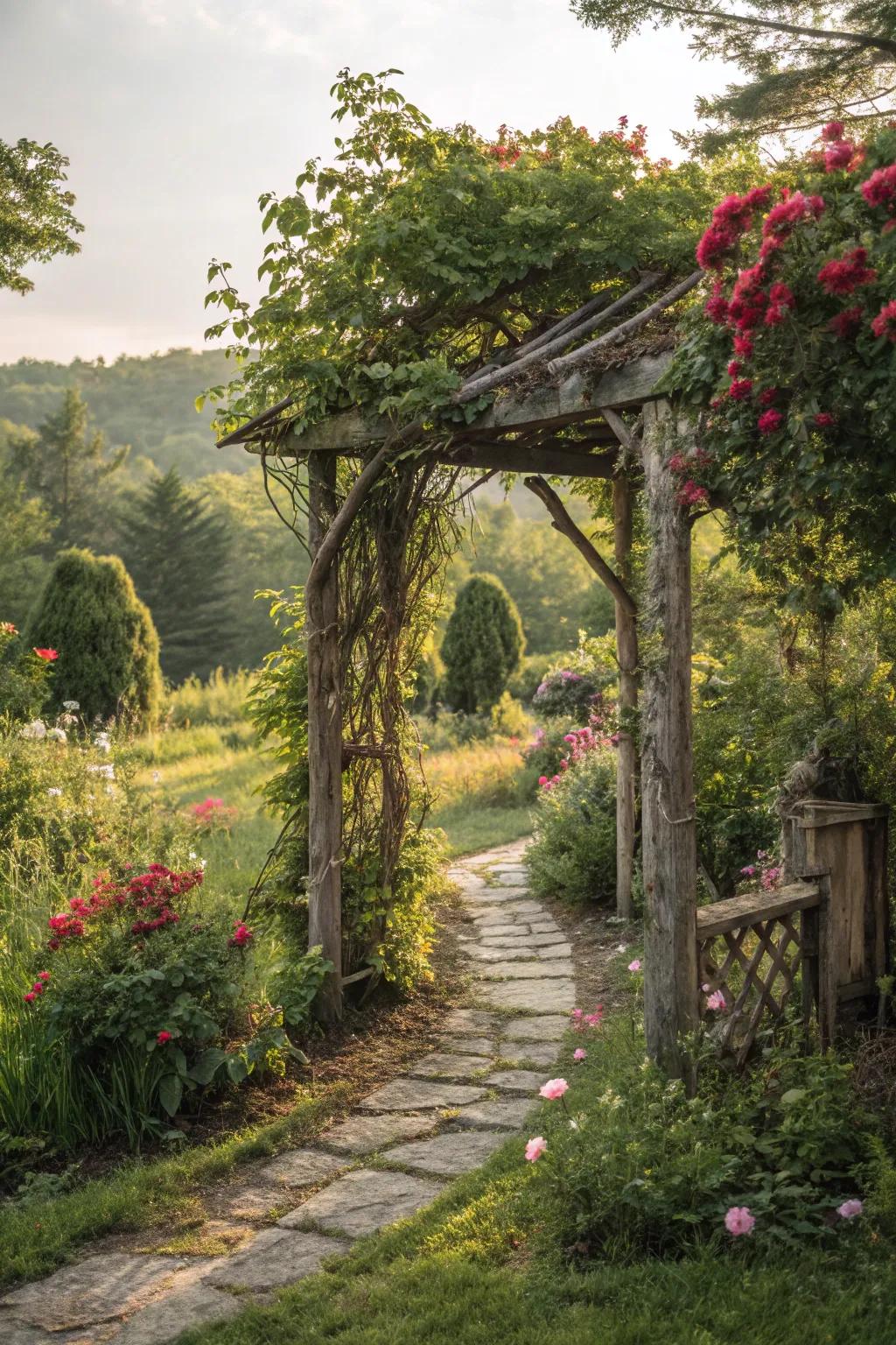 A captivating arbor adorned with lush climbing greenery.