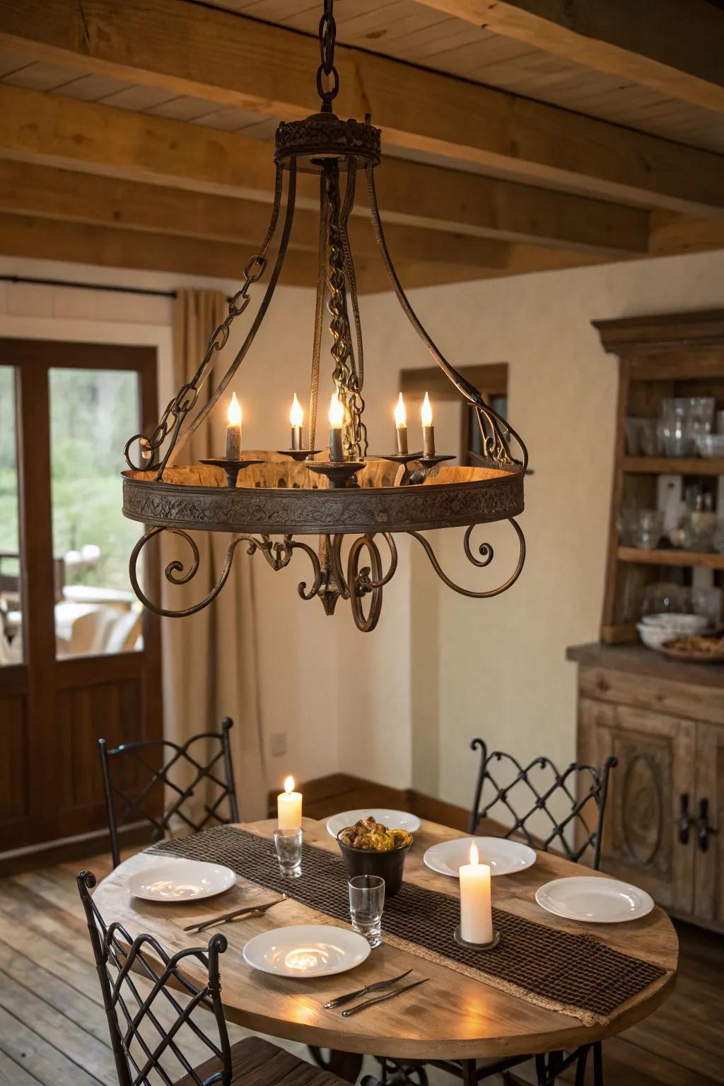 Wrought iron lighting enhances the country dining experience.