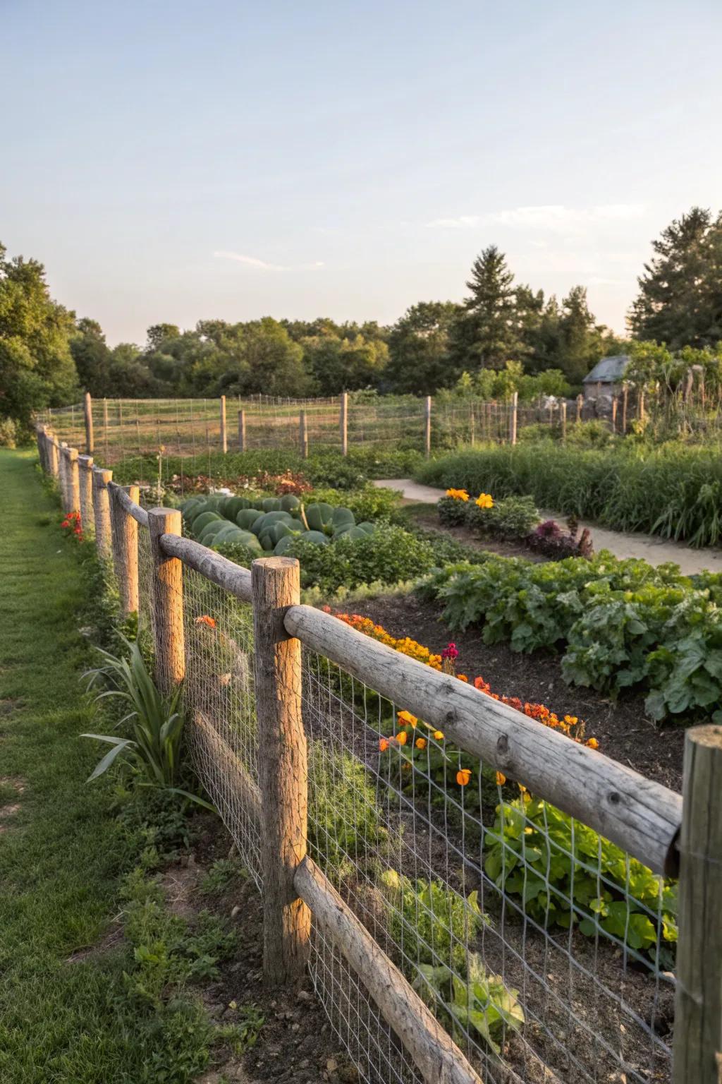 A log fence enclosure safeguards a thriving vegetable garden from wildlife.