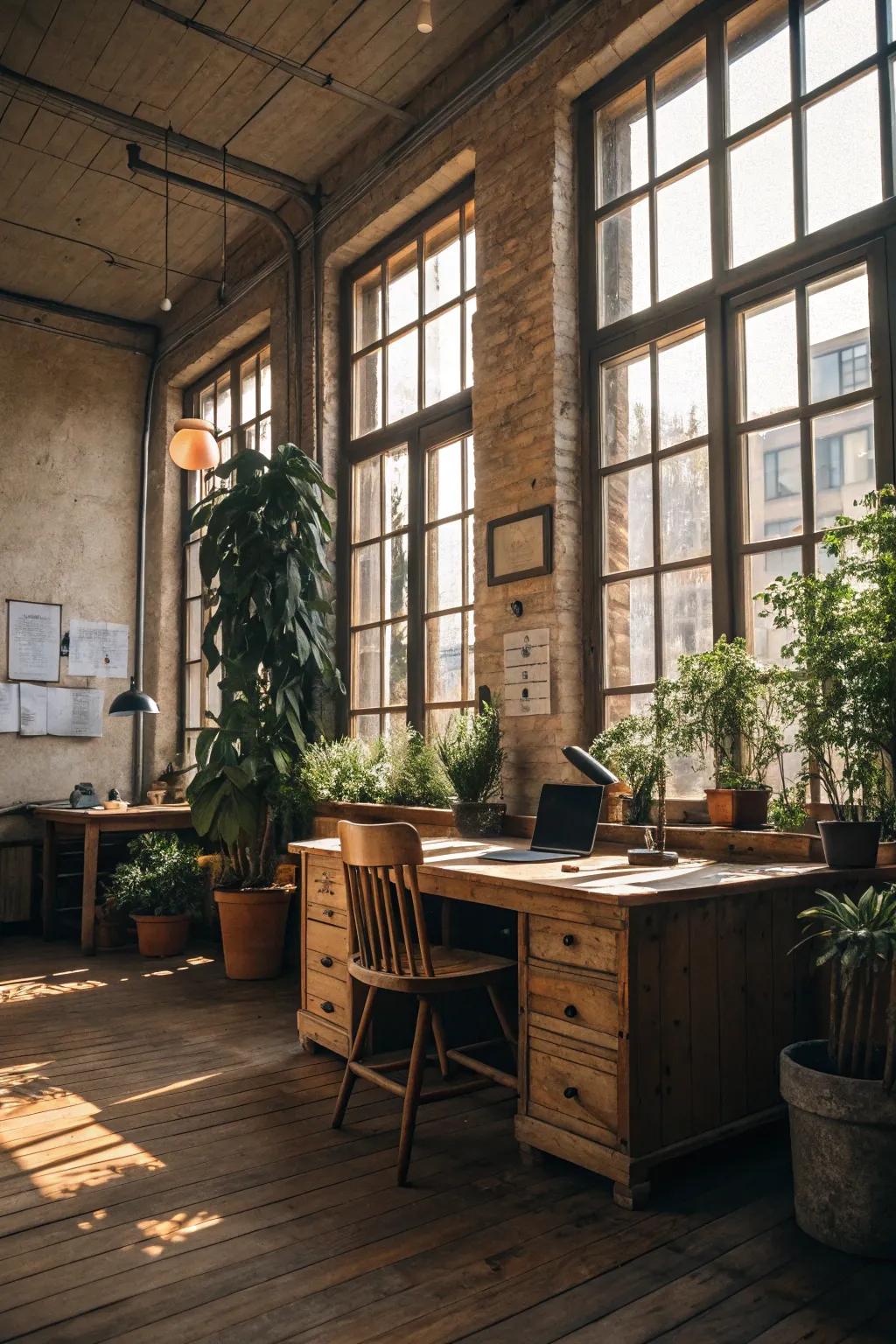 Natural sunlight enhances the warm undertones within a country-style office.