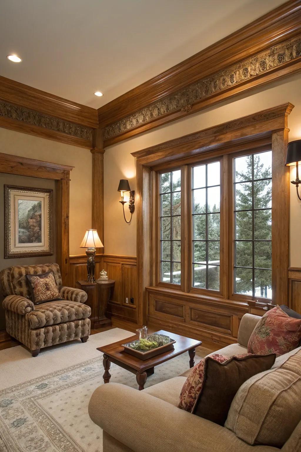 Ornamental molding lends refinement to wood casings.
