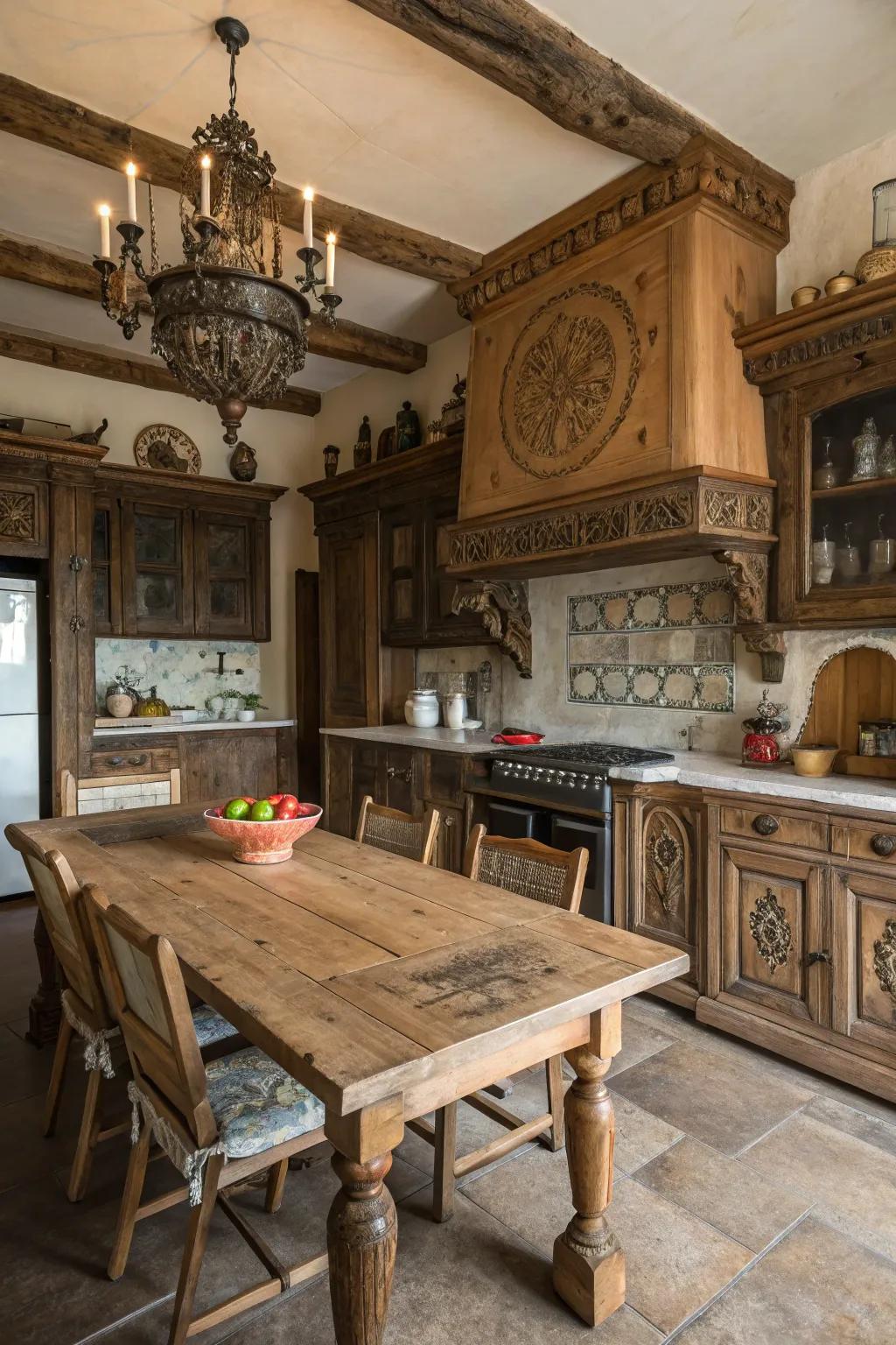 Detailed timber carvings introduce rich detail to this kitchen.