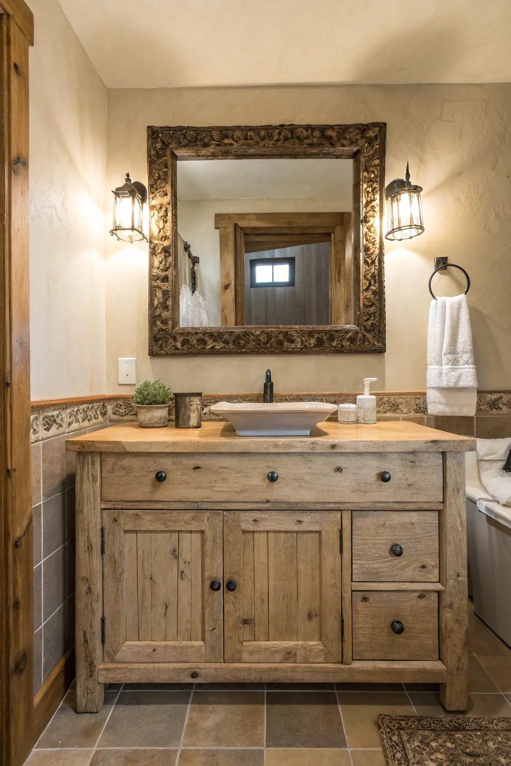 An old-fashioned mirror adds character and heritage to the bathroom.