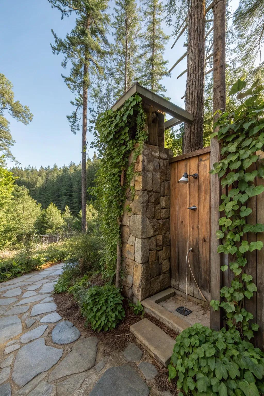 Displaying a shower enhanced with greenery, providing a rejuvenating and organic aspect to the country design.