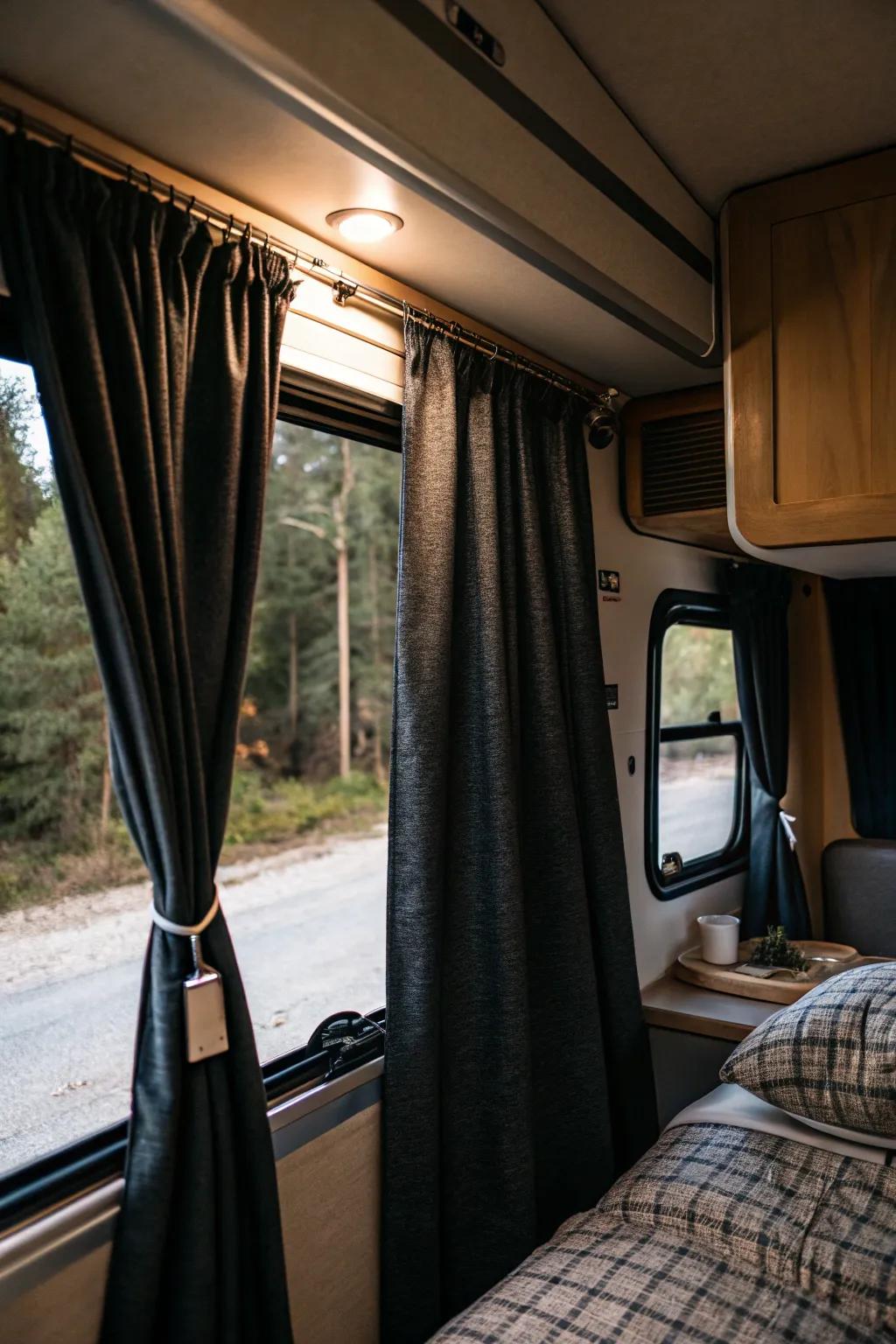 Darkening curtains guarantee restful sleep by blocking exterior light.