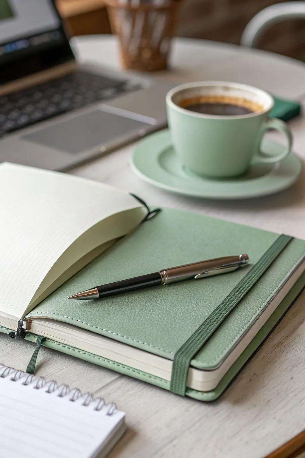 A sage green notepad invites creativity and reflection.