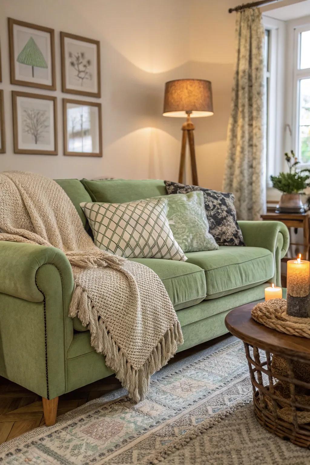 Textured overlays add warmth and dimension to a sage green sofa.