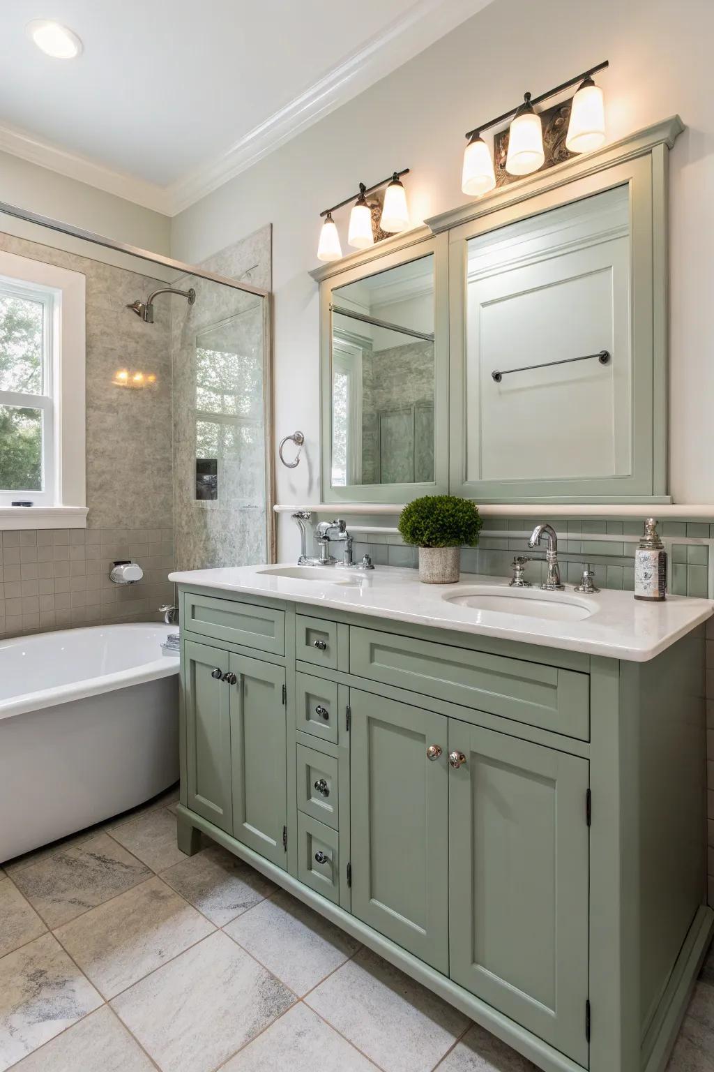 A radiant bathroom featuring a sage green vanity enhanced by white fixtures.