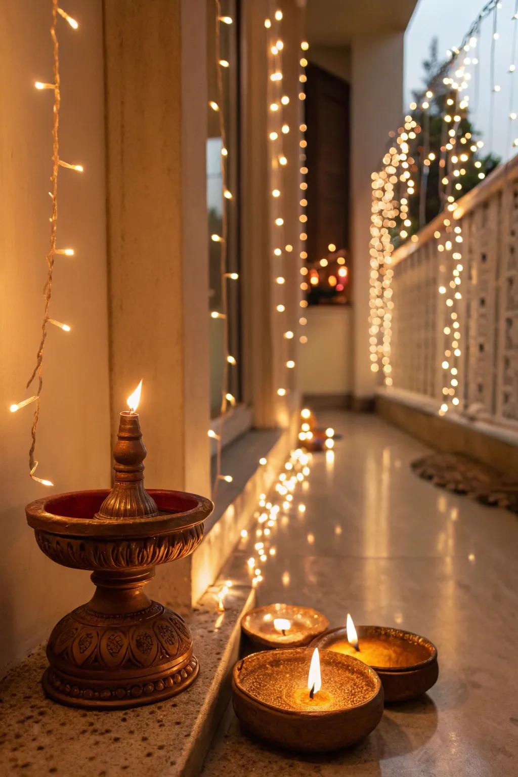 Diyas and lights create an inviting and warm ambiance.