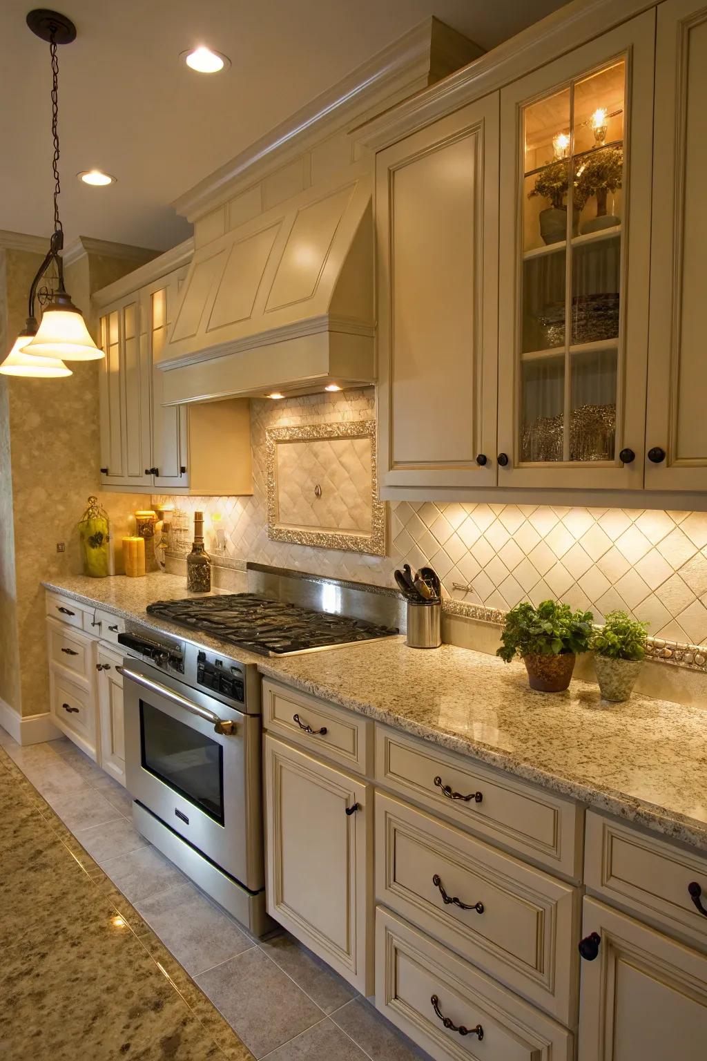 Gentle ivory tiles harmonize with the warmth of Sierra Gold stone.