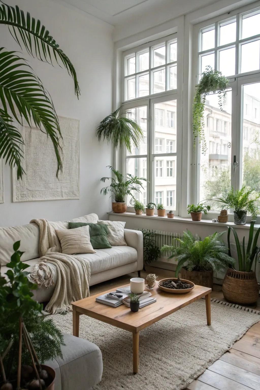 Greenery amplifies the aesthetic and ambiance of this Scandinavian lounge.