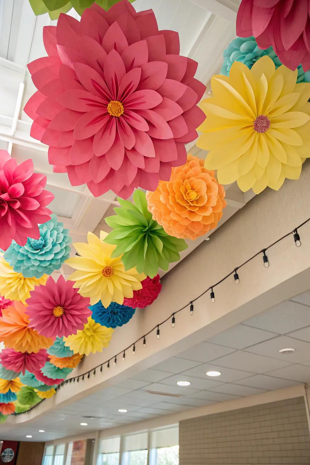 A whimsical ceiling ornamented with floral paper art.