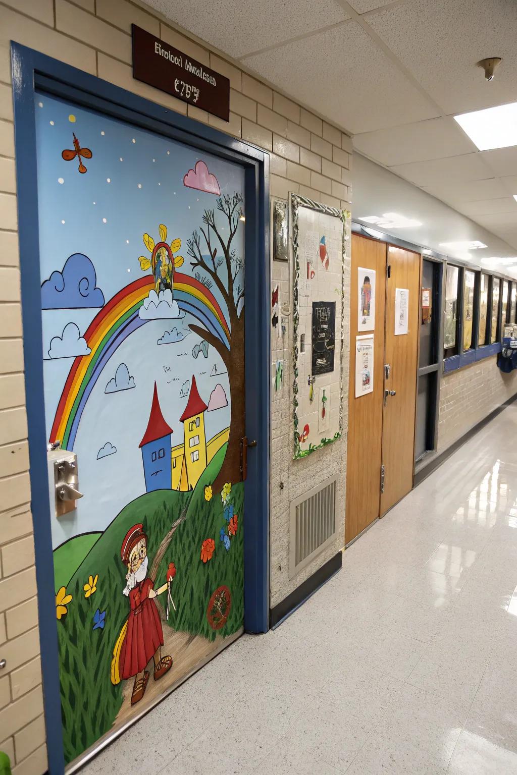 A school door transformed into an inventive wall painting.
