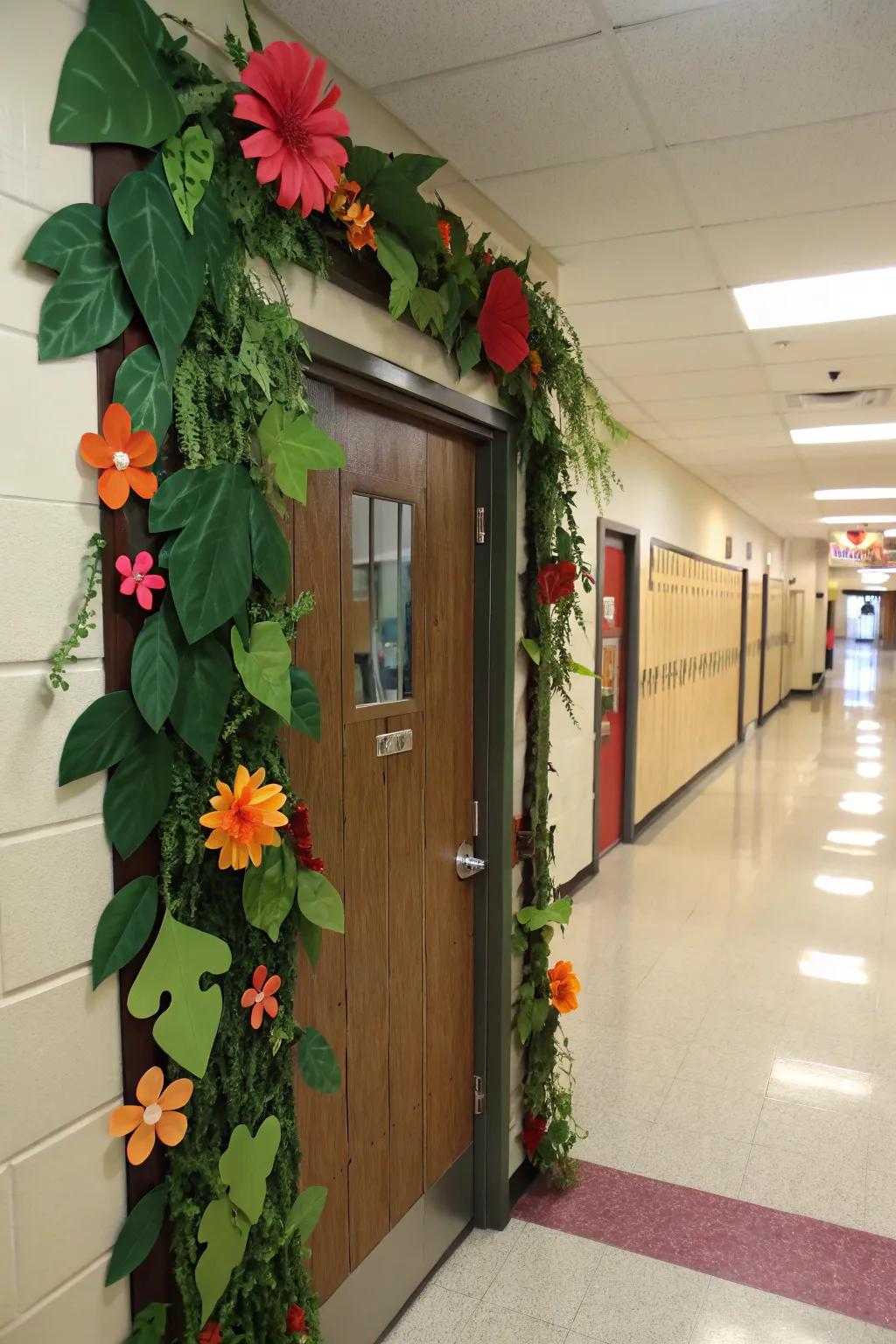 A nature-inspired school nurse's entrance featuring blossoms and foliage.