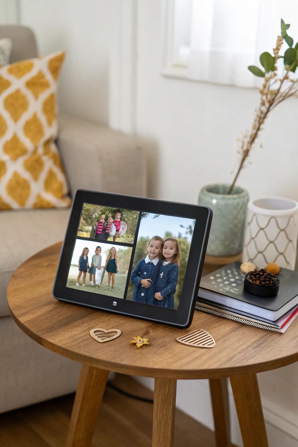A digital frame showing a slideshow of school pictures.
