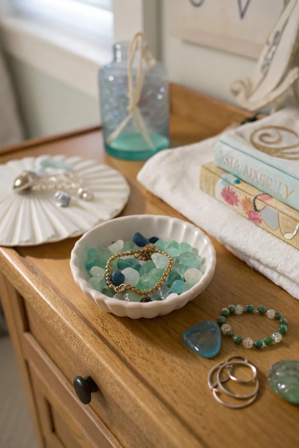 Sea glass jewelry dishes blend functionality with style.