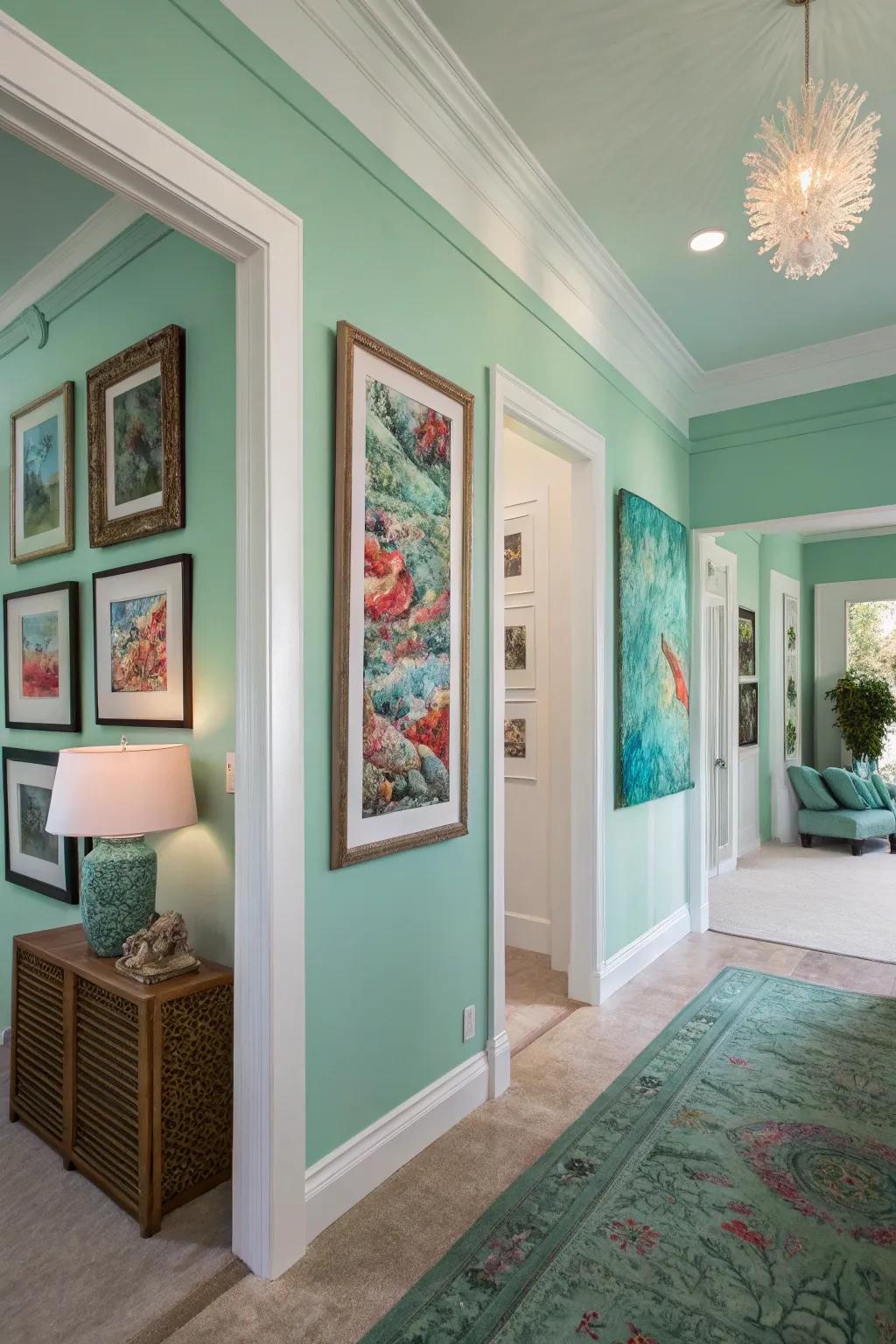 An artistic living space exhibits seafoam green walls and vibrant art.