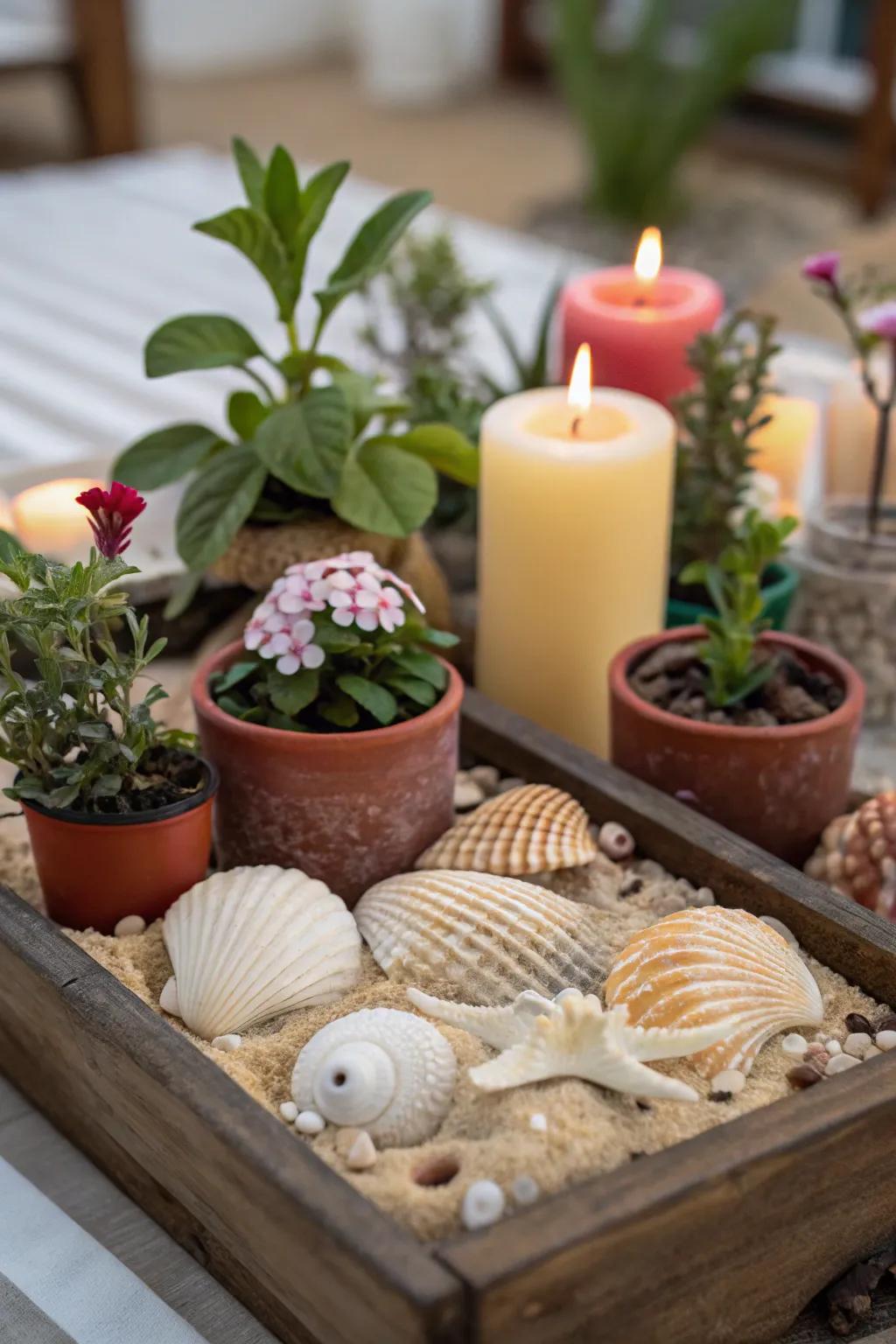 A combination of shells and other décor items fashions a visually abundant display.