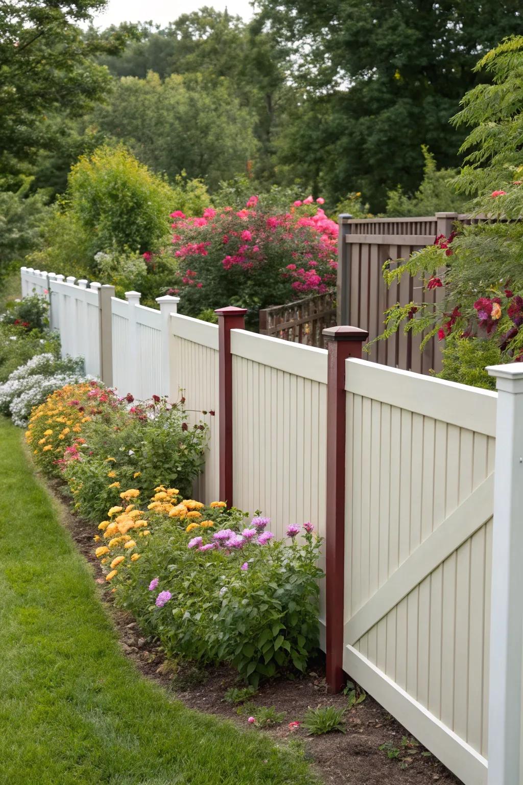 Two-tone fencing creates visual appeal and depth in this lively garden setting.