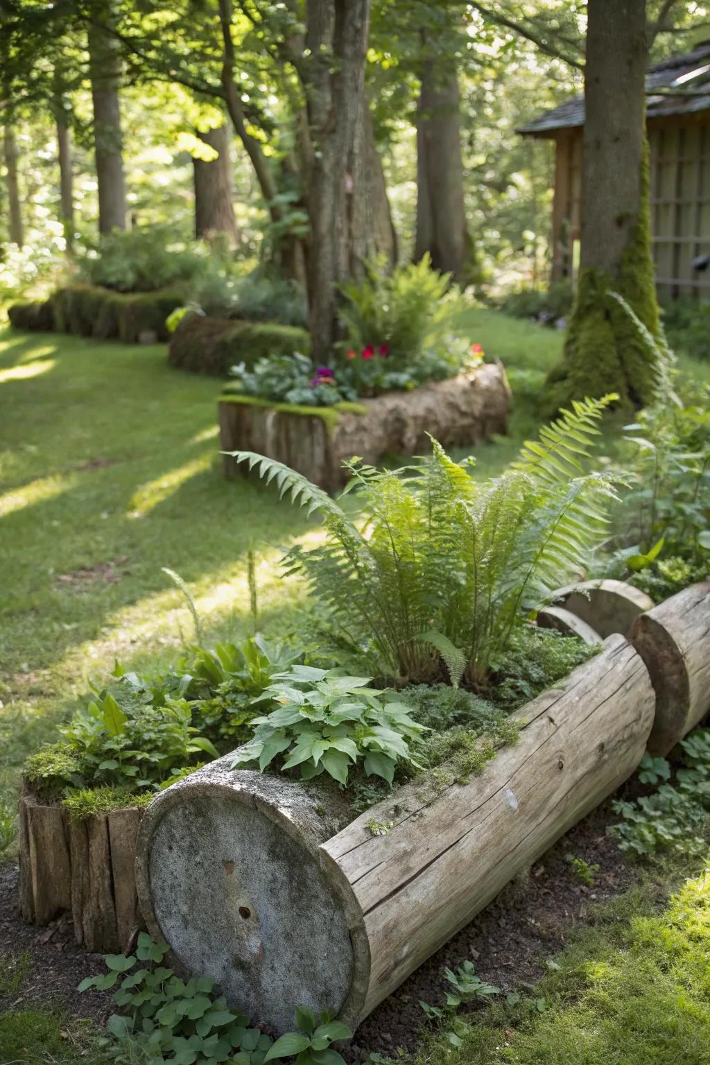 A shaded garden featuring raw timber vessels overflowing with ferns and woodland flora.
