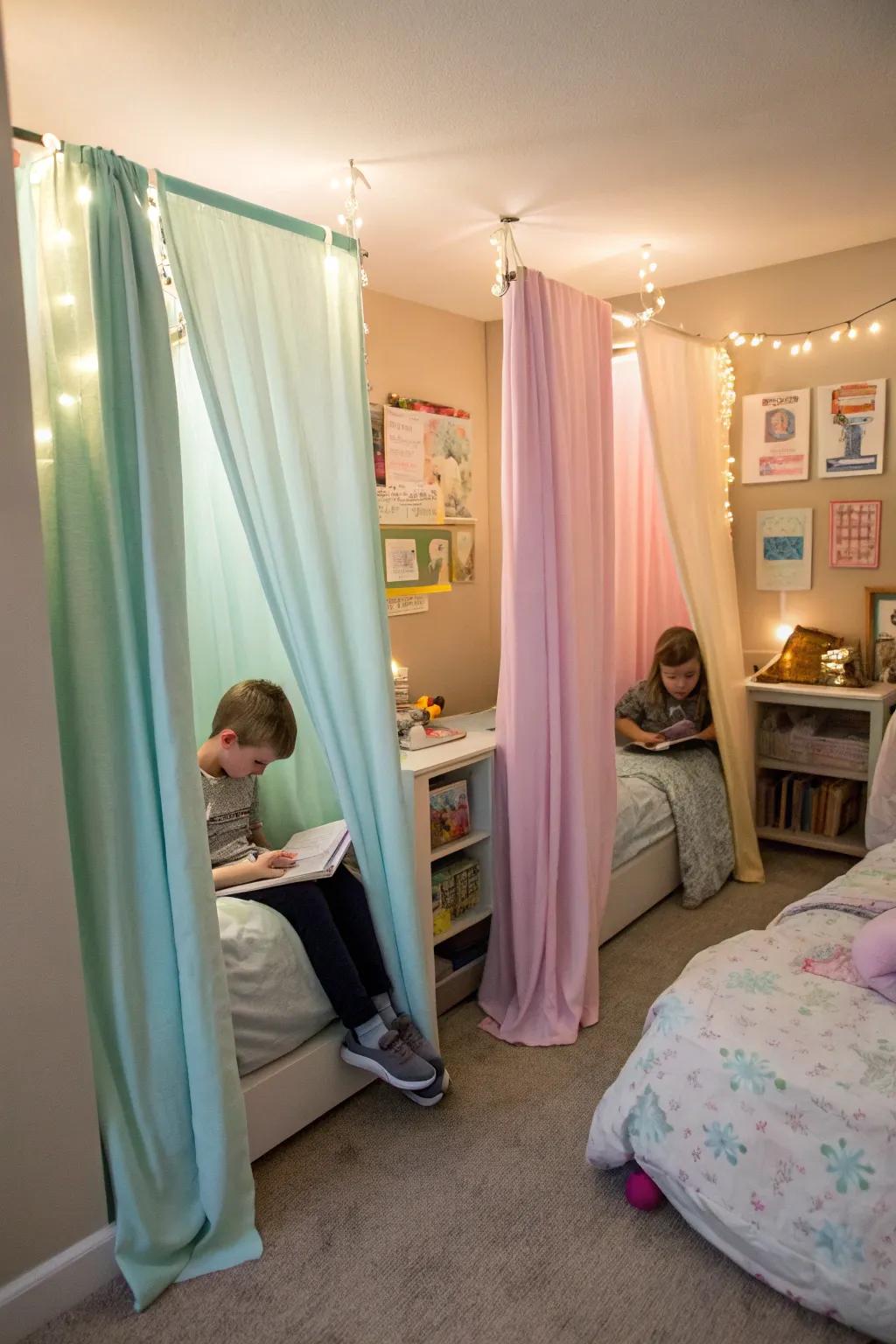 Drapes offer a versatile method for creating personal space within a shared room.