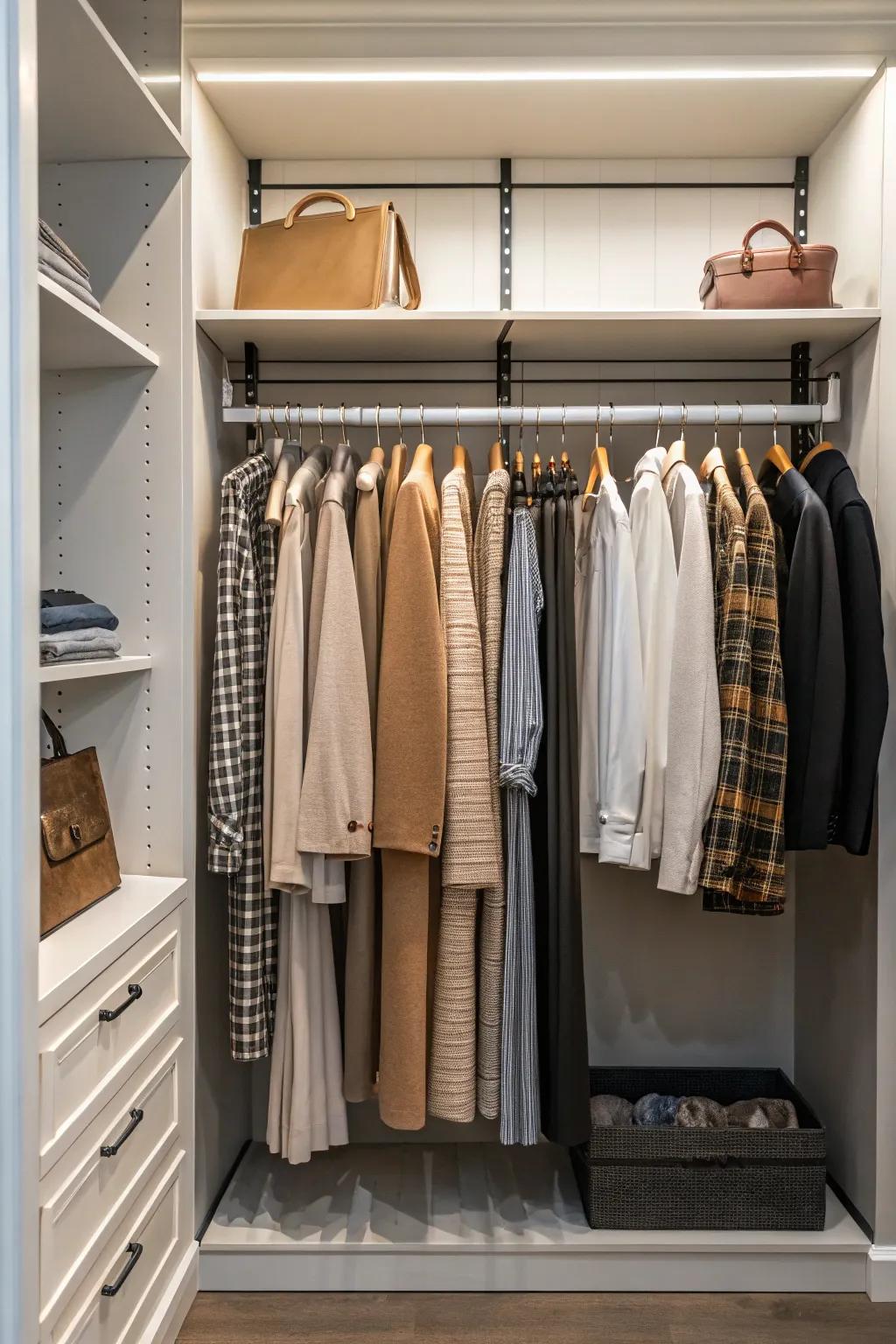 A closet with distinct hanging zones for various clothing styles.