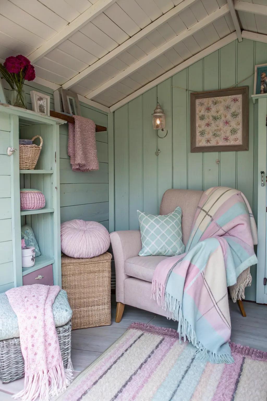A restful getaway featuring delicate fabrics and calming shades inside a shed.