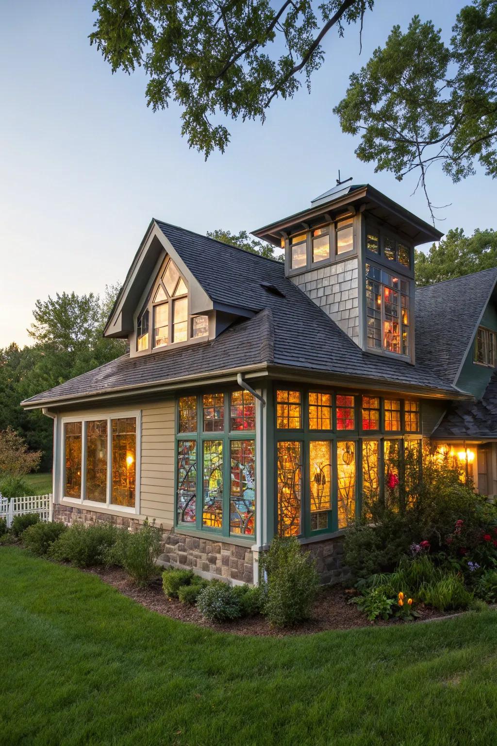 Residence featuring a shed dormer decorated with stained glass.