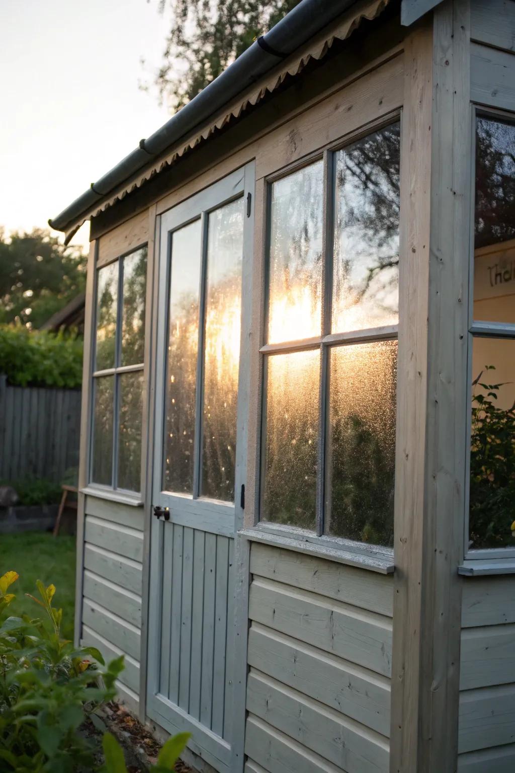 Reflective covers maintain privacy while allowing natural light to enter the shed.