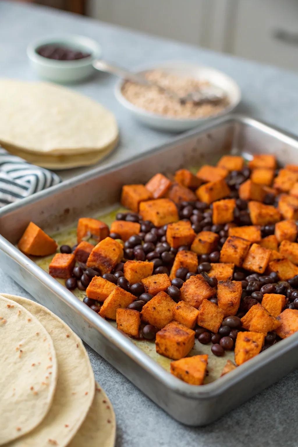 A vibrant and delicious treat featuring sweet potato and black bean tacos.