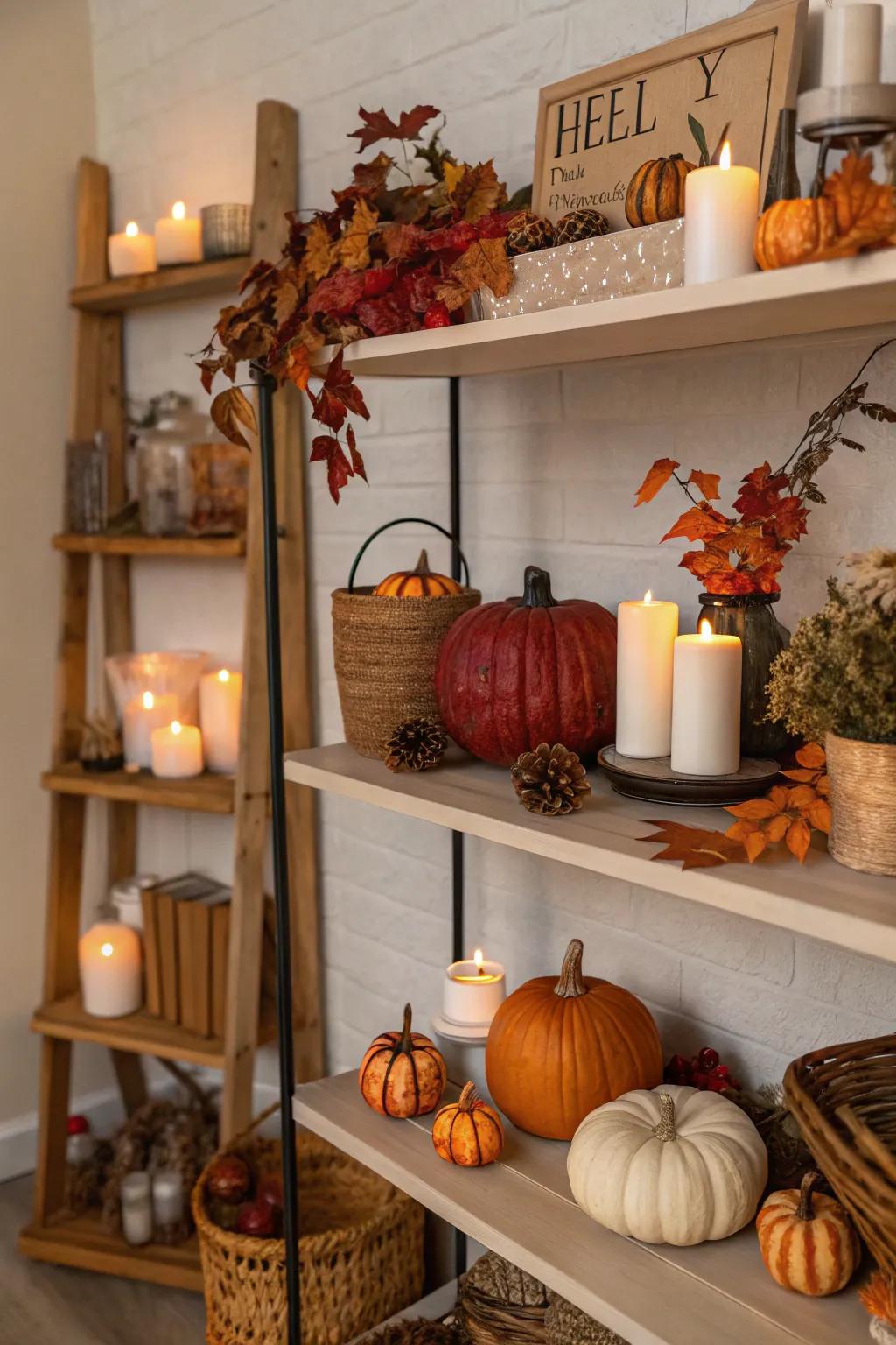 Seasonal décor keeps shelves current and lively.