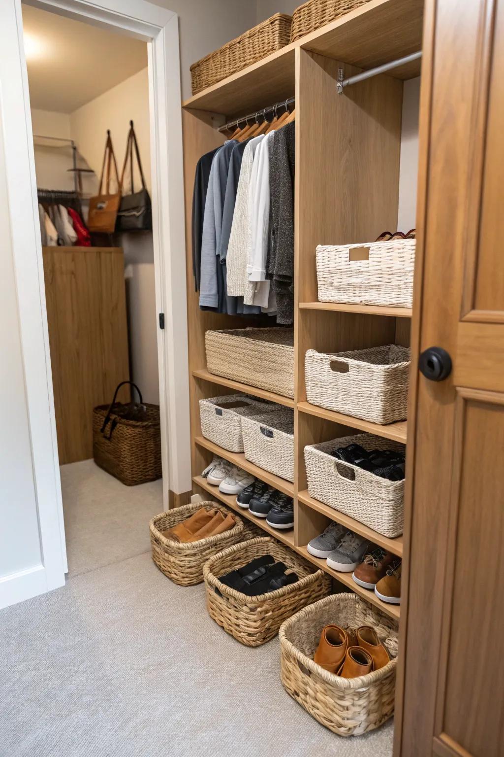 Using baskets in the closet is a great way to neatly arrange shoes.