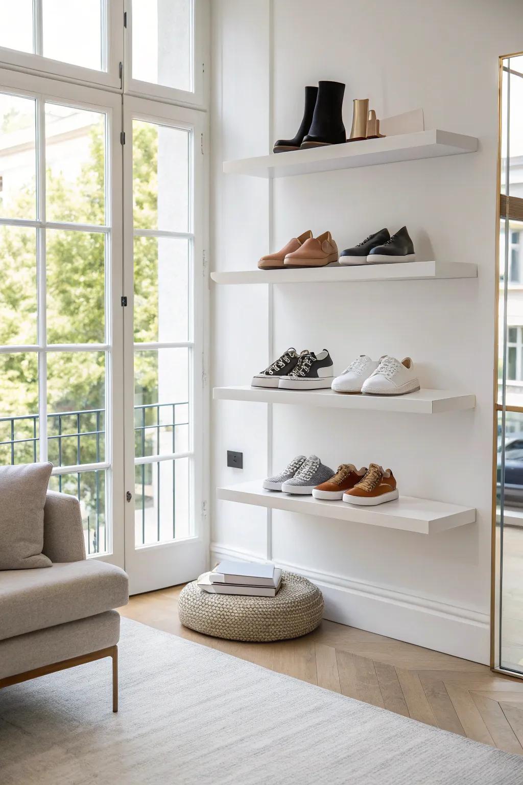Weightless ledges offer a streamlined and contemporary footwear display.