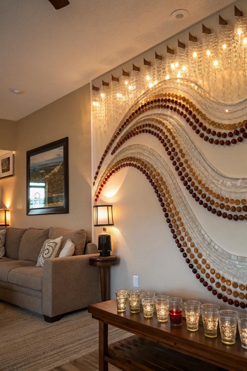 An artistic wave pattern of shot glasses exhibited on a wall in a living area.