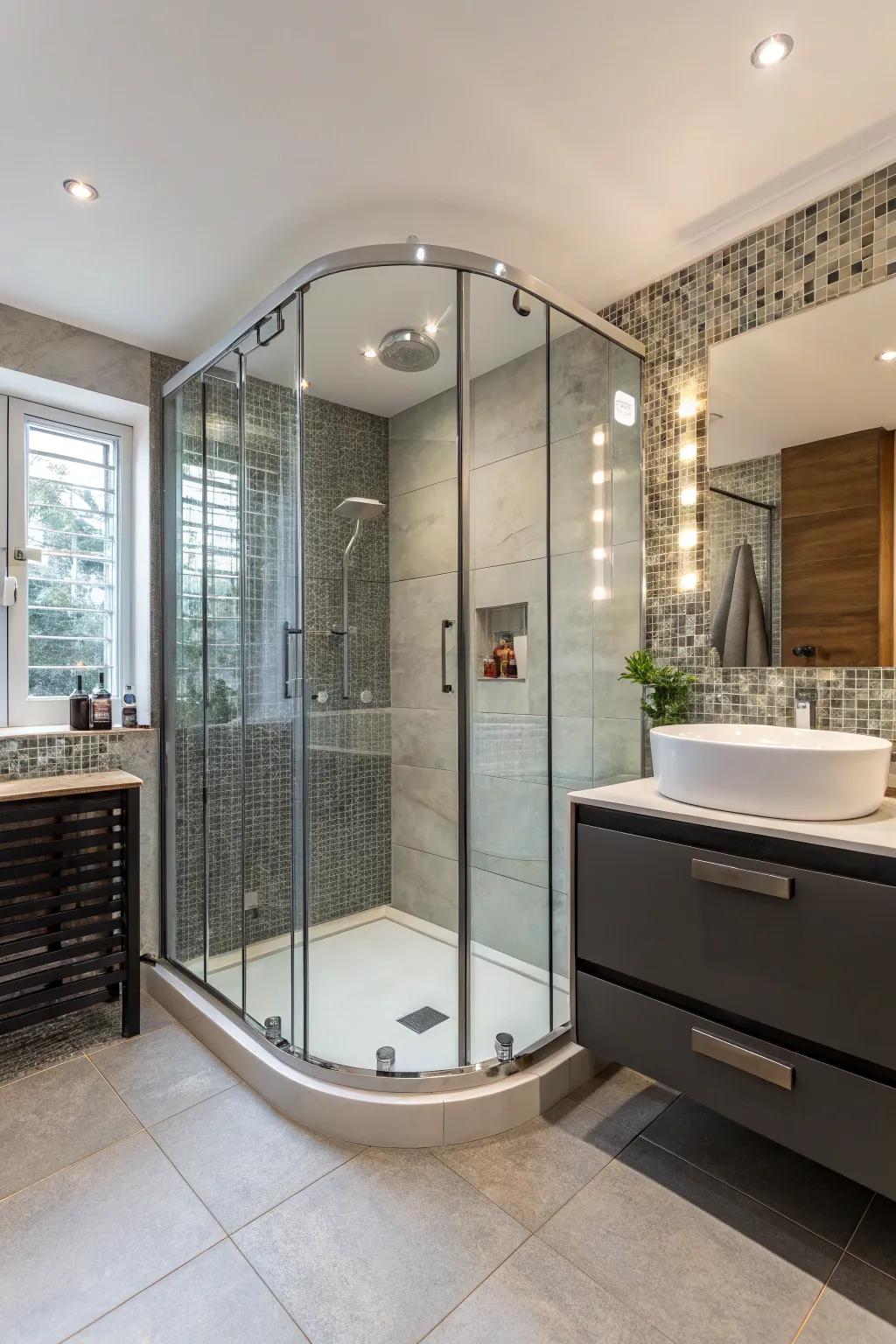 A rounded glass cabinet adds sophistication and fluidity to this bathroom.
