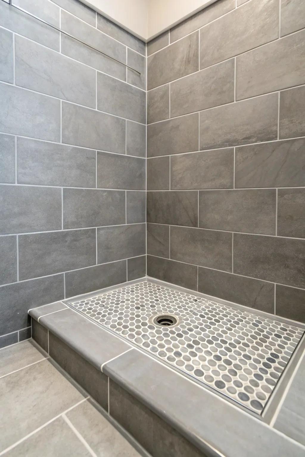 Large stone gray tiles on a shower base offer a smooth and contemporary appearance.