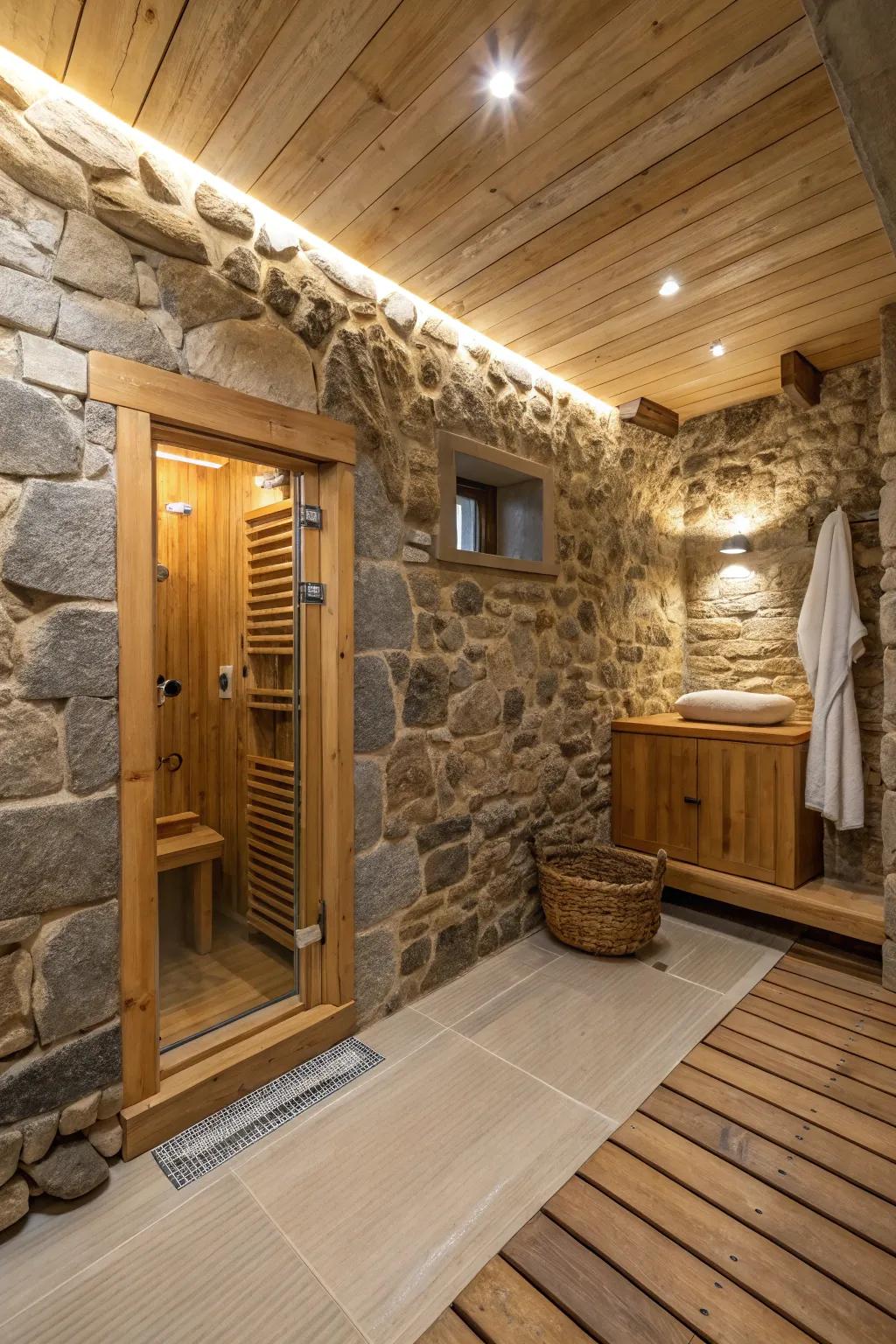 A warm and inviting shower room featuring natural items.