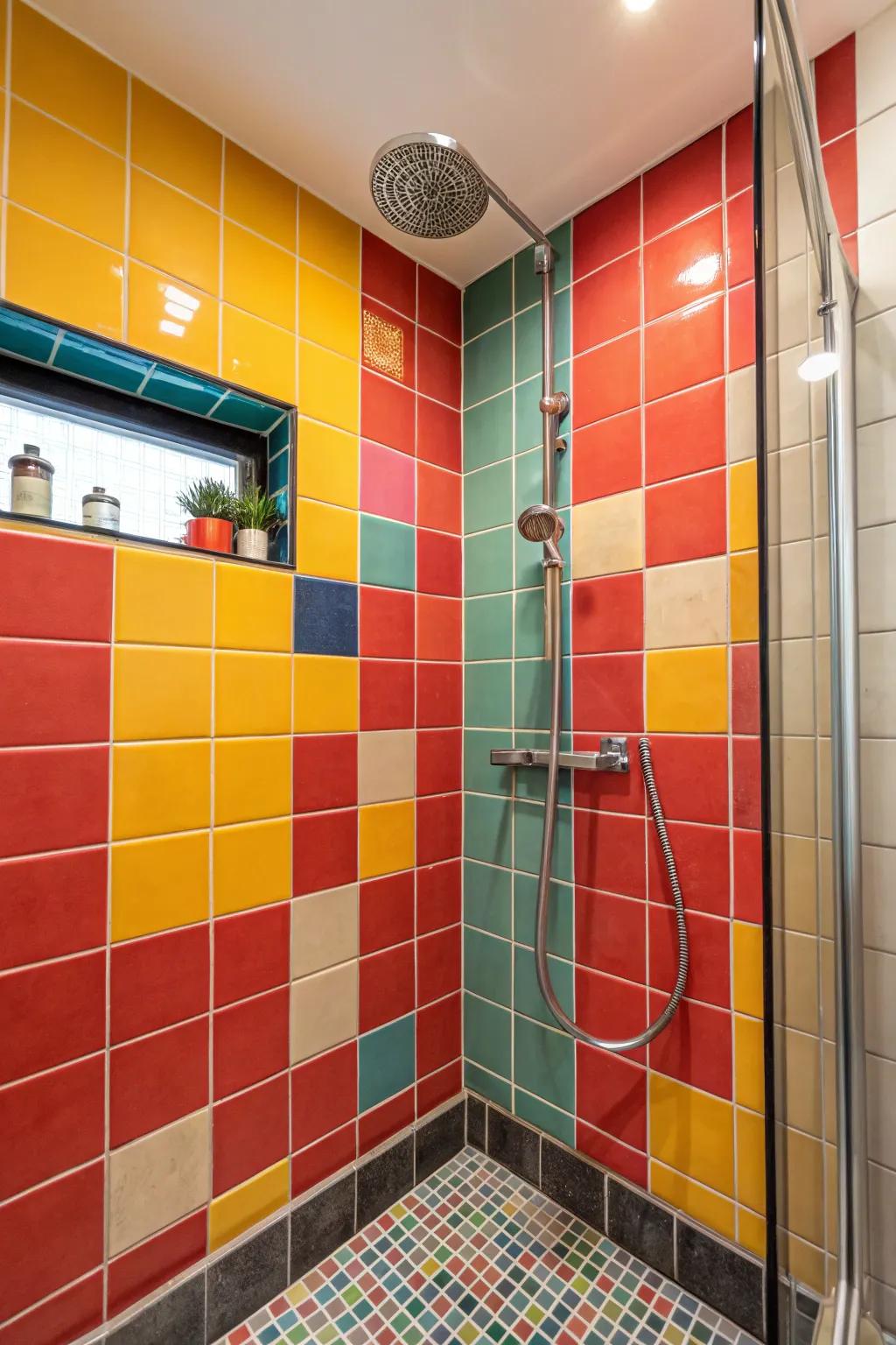 Bold colors in accent tiles add energy and personal style to the shower.