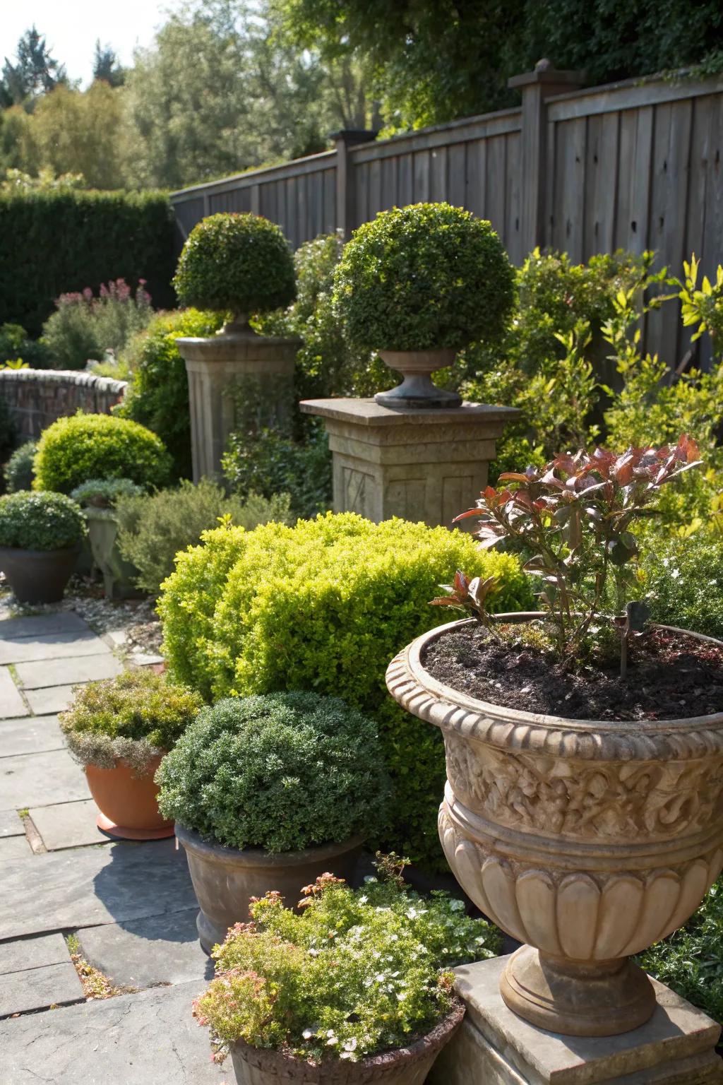 An assortment of creative containers introduces dimension and interest to the garden.