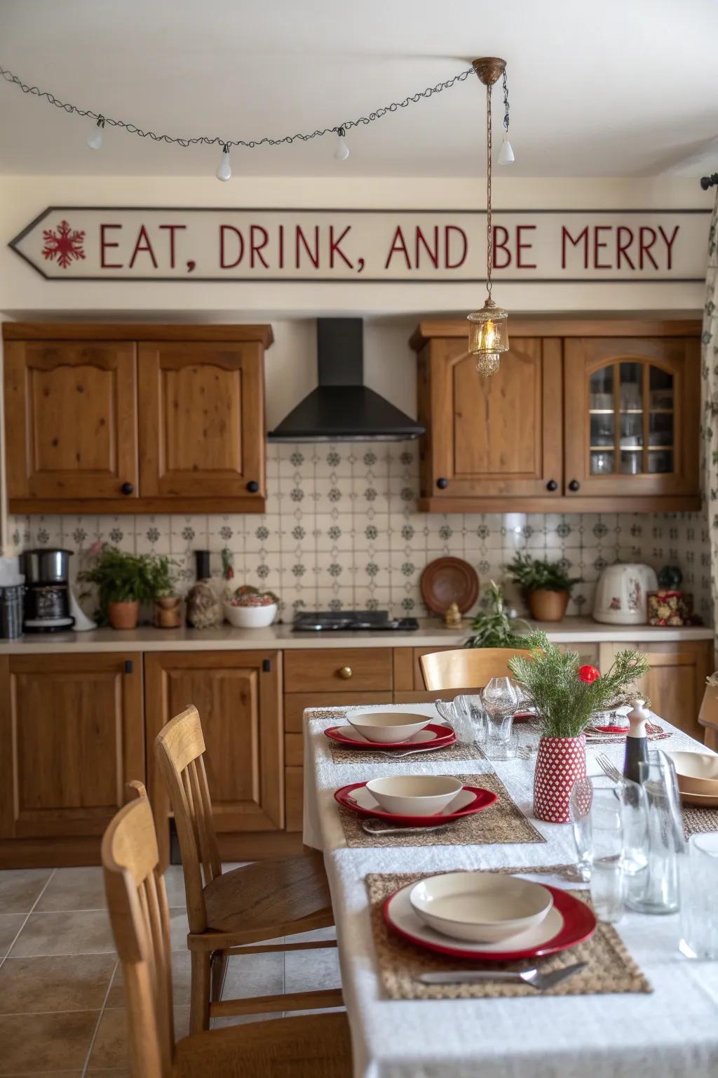 A kitchen showcasing a fun board with the message 'Eat, Drink, and Be Merry'.