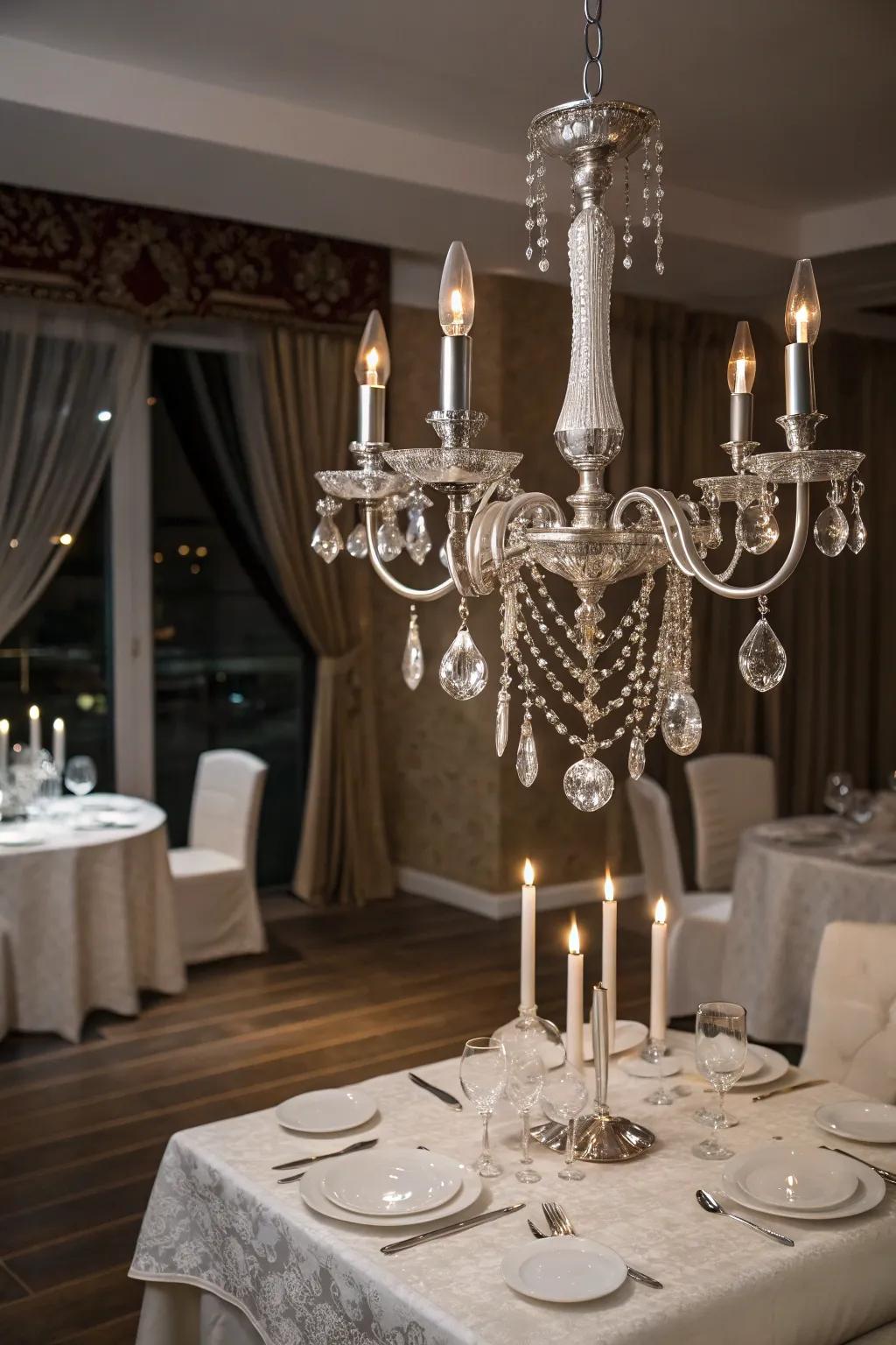 A silver chandelier adds a dazzling touch to your decor.